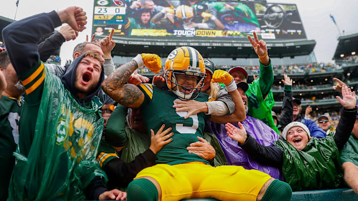 Green Bay Packers wide receiver Christian Watson celebrates his touchdown last season against the Cardinals.