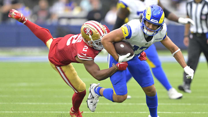 Sep 17, 2023; Inglewood, California, USA; Los Angeles Rams wide receiver Puka Nacua (17) is stopped