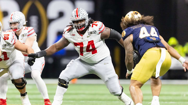 Jan 20, 2025; Atlanta, GA, USA; Ohio State Buckeyes offensive lineman Donovan Jackson (74) against the Notre Dame Fighting Irish during the CFP National Championship college football game at Mercedes-Benz Stadium. Jan 20, 2025; Atlanta, GA, USA; Ohio State Buckeyes offensive lineman Donovan Jackson (74) against the Notre Dame Fighting Irish during the CFP National Championship college football game at Mercedes-Benz Stadium.