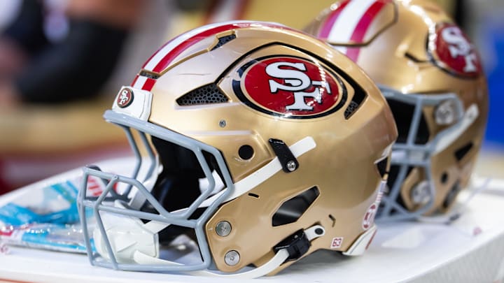 Jan 5, 2025; Glendale, Arizona, USA; Detailed view of a San Francisco 49ers helmet at State Farm Stadium. Mandatory Credit: Mark J. Rebilas-Imagn Images Jan 5, 2025; Glendale, Arizona, USA; Detailed view of a San Francisco 49ers helmet at State Farm Stadium. Mandatory Credit: Mark J. Rebilas-Imagn Images