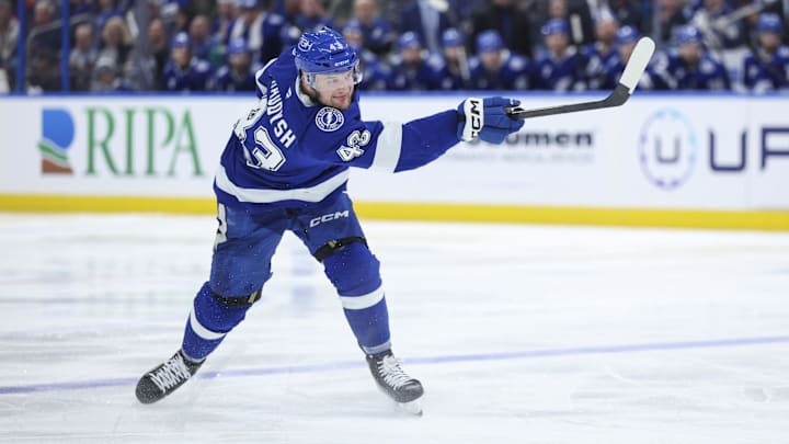 Dec 15, 2025; Tampa, Florida, USA; Tampa Bay Lightning defenseman Darren Raddysh (43) shoots the puck against the Florida Panthers in the third period at Benchmark International Arena. Mandatory Credit: Nathan Ray Seebeck-Imagn Images