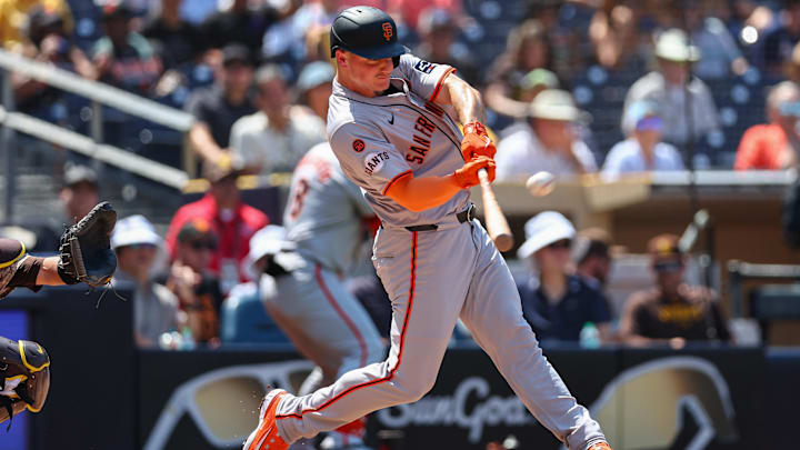 Sep 8, 2024; San Diego, California, USA; San Francisco Giants third baseman Matt Chapman (26) hits a two run home run during the fourth inning against the San Diego Padres at Petco Park. Sep 8, 2024; San Diego, California, USA; San Francisco Giants third baseman Matt Chapman (26) hits a two run home run during the fourth inning against the San Diego Padres at Petco Park.