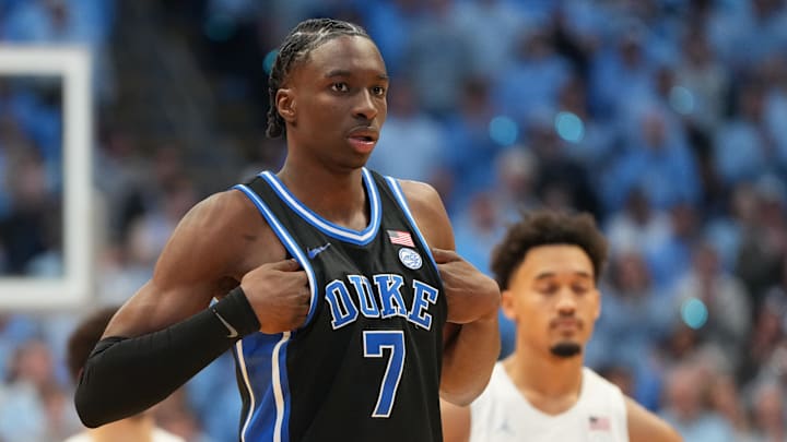 Feb 7, 2026; Chapel Hill, North Carolina, USA; Duke Blue Devils guard Dame Sarr (7) on the court in the second half at Dean E. Smith Center. Mandatory Credit: Bob Donnan-Imagn Images