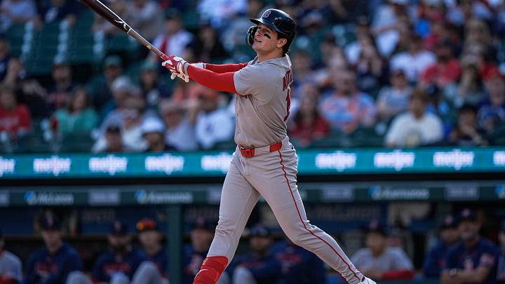 Boston Red Sox left fielder Roman Anthony (19) bats against Detroit Tigers during the first inning at Comerica Park in Detroit on Monday, May 4, 2026. Boston Red Sox left fielder Roman Anthony (19) bats against Detroit Tigers during the first inning at Comerica Park in Detroit on Monday, May 4, 2026.