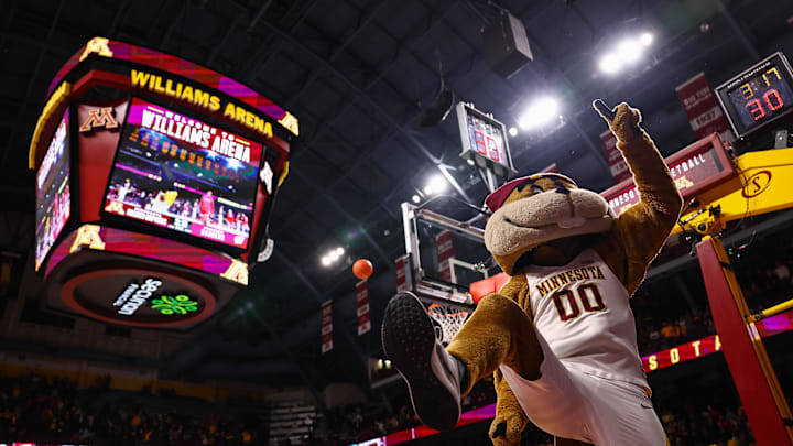 Feb 23, 2022; Minneapolis, Minnesota, USA; Minnesota Gophers mascot Goldy Gopher reacts prior to the game against the Wisconsin Badgers at Williams Arena. Mandatory Credit: Harrison Barden-Imagn Images Feb 23, 2022; Minneapolis, Minnesota, USA; Minnesota Gophers mascot Goldy Gopher reacts prior to the game against the Wisconsin Badgers at Williams Arena. Mandatory Credit: Harrison Barden-Imagn Images
