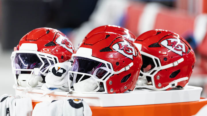 Aug 9, 2025; Glendale, Arizona, USA; Detailed view of a Kansas City Chiefs helmet during a preseason NFL game at State Farm Stadium. Mandatory Credit: Mark J. Rebilas-Imagn Images