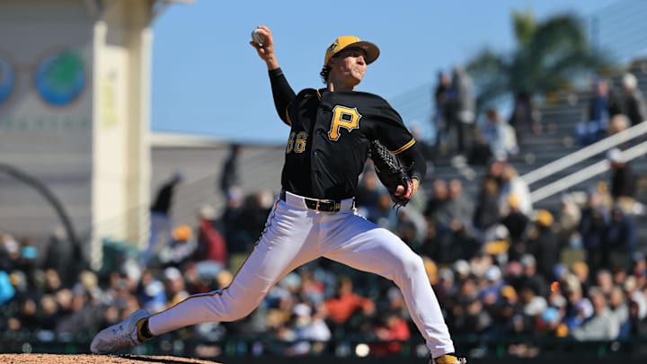 Feb 23, 2026; Bradenton, Florida, USA; Pittsburgh Pirates pitcher Kyle Nicolas (66) throws a pitch during the fourth inning ]against the New York Yankees  at LECOM Park. Mandatory Credit: Kim Klement Neitzel-Imagn Images