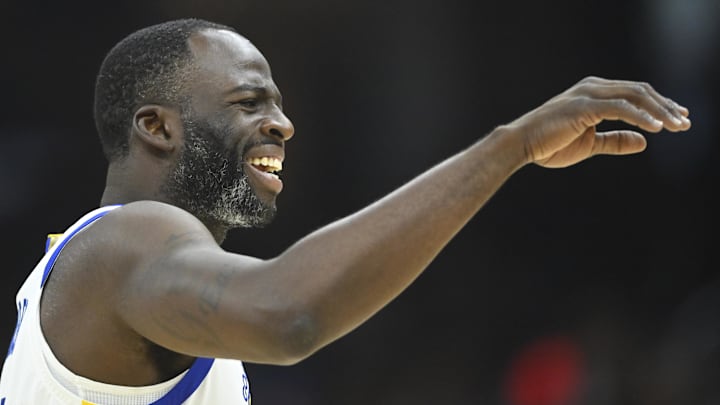 Golden State Warriors forward Draymond Green (23) reacts in the first quarter against the Cleveland Cavaliers at Rocket Mortgage FieldHouse. Mandatory Credit: David Richard-Imagn Images Golden State Warriors forward Draymond Green (23) reacts in the first quarter against the Cleveland Cavaliers at Rocket Mortgage FieldHouse. Mandatory Credit: David Richard-Imagn Images