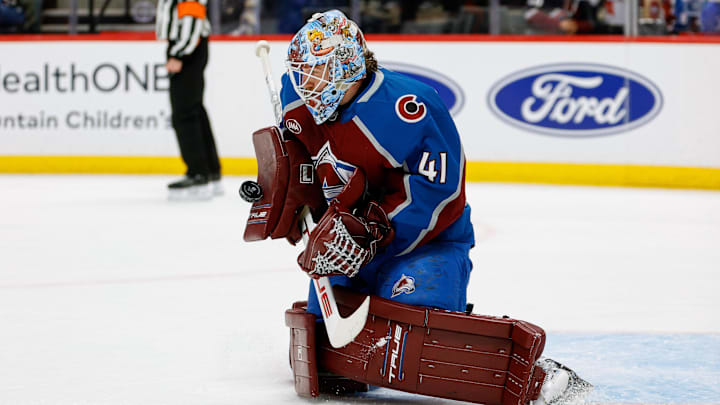 Jan 21, 2026; Denver, Colorado, USA; Colorado Avalanche goaltender Scott Wedgewood (41) makes a save in the first period against the Anaheim Ducks at Ball Arena. Mandatory Credit: Isaiah J. Downing-Imagn Images