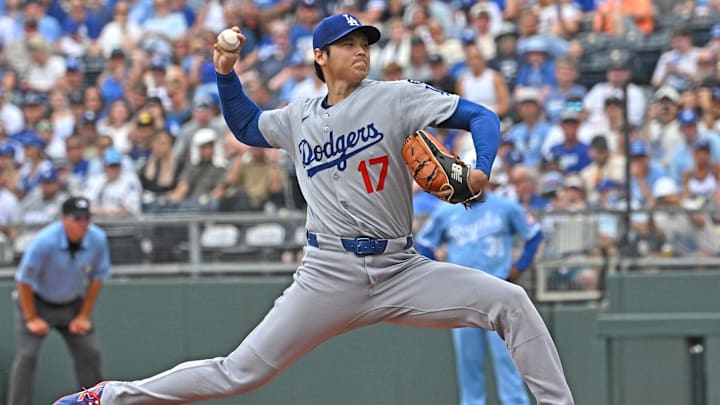 Jun 28, 2025; Kansas City, Missouri, USA; Los Angeles Dodgers designated hitter Shohei Ohtani (17) throws a pitch in the first inning against the Kansas City Royals at Kauffman Stadium. Mandatory Credit: Peter Aiken-Imagn Images Jun 28, 2025; Kansas City, Missouri, USA; Los Angeles Dodgers designated hitter Shohei Ohtani (17) throws a pitch in the first inning against the Kansas City Royals at Kauffman Stadium. Mandatory Credit: Peter Aiken-Imagn Images