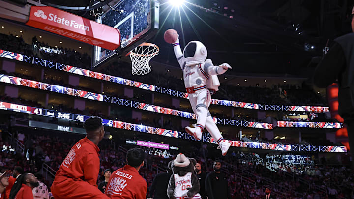 Feb 23, 2024; Houston, Texas, USA; Houston Rockets performer Dunkstronaut performs during the game between the Rockets and the Phoenix Suns at Toyota Center. Mandatory Credit: Troy Taormina-Imagn Images