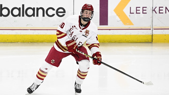 Feb 28, 2025; Chestnut Hill, MA, USA; Boston College forward James Hagens (10) skates against the University of New Hampshire Wildcats during the second period at Conte Forum. Mandatory Credit: Eric Canha-Imagn Images Feb 28, 2025; Chestnut Hill, MA, USA; Boston College forward James Hagens (10) skates against the University of New Hampshire Wildcats during the second period at Conte Forum. Mandatory Credit: Eric Canha-Imagn Images