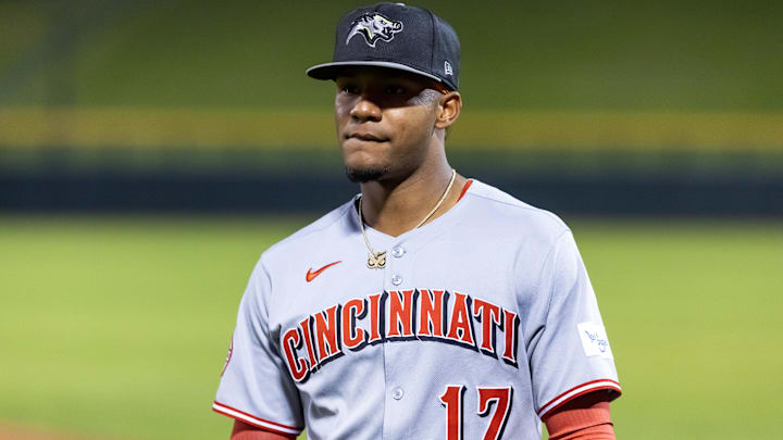Nov 9, 2025; Mesa, AZ, USA; Cincinnati Reds infielder Leo Balcazar during the Arizona Fall League Fall Stars Game at Sloan Park. Mandatory Credit: Mark J. Rebilas-Imagn Images