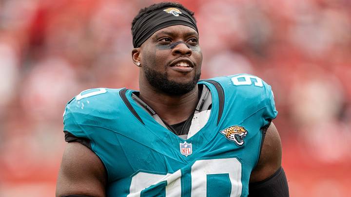 September 28, 2025; Santa Clara, California, USA; Jacksonville Jaguars defensive end Emmanuel Ogbah (90) after the game against the San Francisco 49ers at Levi's Stadium. Mandatory Credit: Kyle Terada-Imagn Images