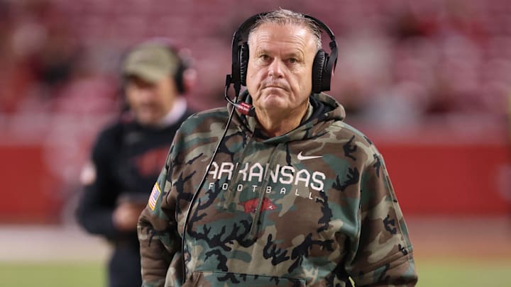 Nov 23, 2024; Fayetteville, Arkansas, USA; Arkansas Razorbacks head coach Sam Pittman during the fourth quarter against the Louisiana Tech Bulldogs at Donald W. Reynolds Razorback Stadium. Arkansas won 35-14. Mandatory Credit: Nelson Chenault-Imagn Images
