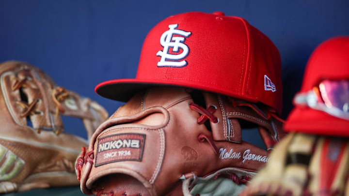 Sep 5, 2023; Atlanta, Georgia, USA; A detailed view of the hat and glove of St. Louis Cardinals second baseman Nolan Gorman (not pictured) before a game against the Atlanta Braves at Truist Park. Mandatory Credit: Brett Davis-Imagn Images Sep 5, 2023; Atlanta, Georgia, USA; A detailed view of the hat and glove of St. Louis Cardinals second baseman Nolan Gorman (not pictured) before a game against the Atlanta Braves at Truist Park. Mandatory Credit: Brett Davis-Imagn Images
