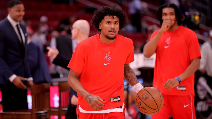 Apr 9, 2024; Houston, Texas, USA; Houston Rockets guard Jalen Green (4) warms up prior to the game against the Orlando Magic at Toyota Center. Mandatory Credit: Erik Williams-USA TODAY Sports