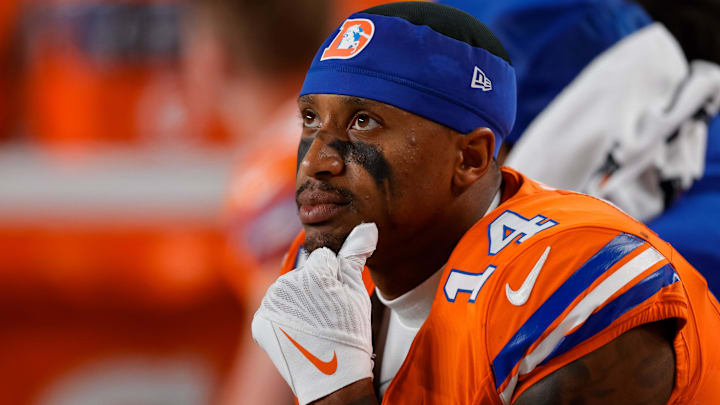 Jan 4, 2026; Denver, Colorado, USA; Denver Broncos wide receiver Courtland Sutton (14) in the fourth quarter against the Los Angeles Chargers at Empower Field at Mile High. 