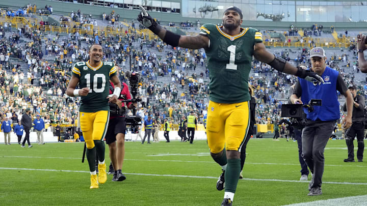 Green Bay Packers defensive end Micah Parsons celebrates after their win against the Detroit Lions.
