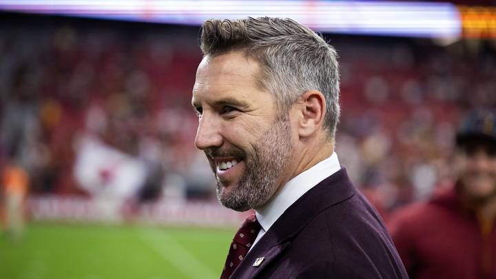 Sep 29, 2024; Glendale, Arizona, USA; Washington Commanders general manager Adam Peters against the Arizona Cardinals at State Farm Stadium. Mandatory Credit: Mark J. Rebilas-Imagn Images