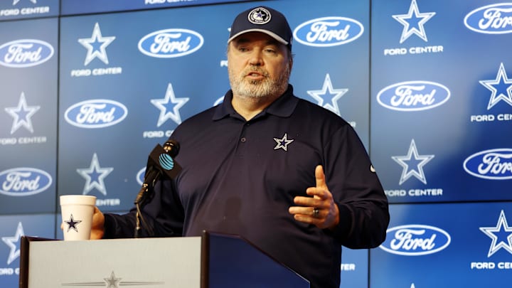 Jun 4, 2024; Frisco, TX, USA;  Dallas Cowboys head coach Mike McCarthy addresses the media before practice at the Ford Center at the Star Training Facility in Frisco, Texas.