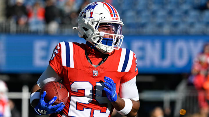 Dec 1, 2024; Foxborough, Massachusetts, USA; New England Patriots cornerback Marcus Jones (25) warms up before a game against the Indianapolis Colts at Gillette Stadium. Mandatory Credit: Eric Canha-Imagn Images