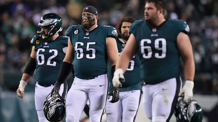 Jason Kelce #62, Lane Johnson #65, Landon Dickerson #69, Philadelphia Eagles