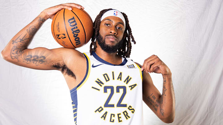 Sep 30, 2024; Indianapolis, IN, USA;  Indiana Pacers forward Isaiah Jackson (22) poses for a photo during 2024 Media day.  Mandatory Credit: Trevor Ruszkowski-Imagn Images