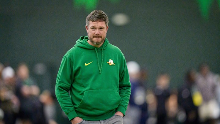 Oregon head coach Dan Lanning attends Oregon Pro Day on March 17, 2026, at the Moshofsky Center in Eugene, Oregon.
