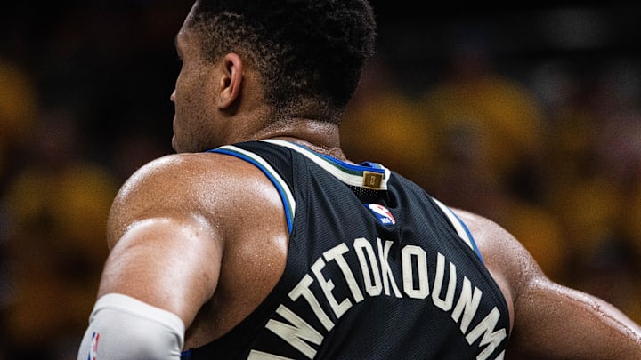 Apr 29, 2025; Indianapolis, Indiana, USA; Milwaukee Bucks forward Giannis Antetokounmpo (34) during game five of the first round for the 2024 NBA Playoffs against the Indiana Pacers at Gainbridge Fieldhouse. Mandatory Credit: Trevor Ruszkowski-Imagn Images