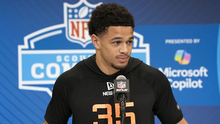 Feb 28, 2025; Indianapolis, IN, USA; Iowa Staet wideout Jaylin Noel (WO35) talks to the press during the 2025 NFL Combine at Indiana Convention Center.