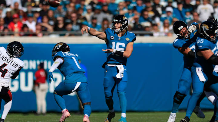 Jacksonville Jaguars quarterback Trevor Lawrence (16) throws the ball during the first quarter of an NFL football matchup Sunday, Dec. 1, 2024 at EverBank Stadium in Jacksonville, Fla. 