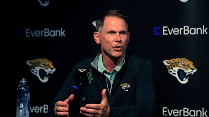 Jacksonville Jaguars general manager Trent Baalke speaks during a press conference Friday, April 26, 2024 at EverBank Stadium’s Miller Electric Center in Jacksonville, Fla. Jacksonville Jaguars selected LSU’s wide receiver Brian Thomas Jr. as the 23rd overall pick in last night’s NFL Draft. [Corey Perrine/Florida Times-Union]
