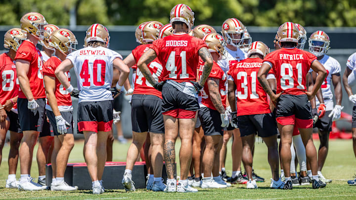 May 10, 2024; Santa Clara, CA, USA; San Francisco 49ers rookies take a rest during the 49ers rookie