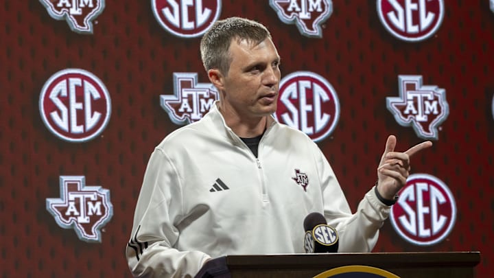 Texas A&M Aggies head coach Bucky McMillan talks with the media during SEC Media Days at Grand Bohemian Hotel.