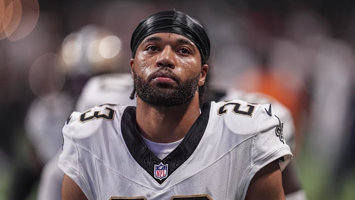 Sep 29, 2024; Atlanta, Georgia, USA; New Orleans Saints cornerback Marshon Lattimore (23) on the field against the Atlanta Falcons at Mercedes-Benz Stadium. Mandatory Credit: Dale Zanine-Imagn Images