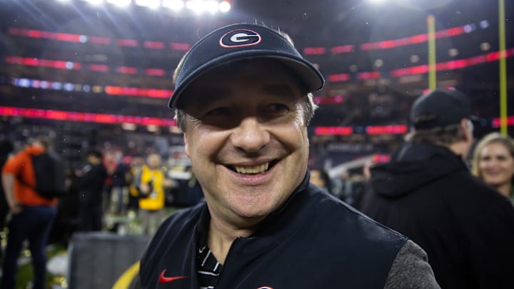 Jan 9, 2023; Inglewood, CA, USA; Georgia Bulldogs head coach Kirby Smart celebrates after defeating the TCU Horned Frogs during the CFP national championship game at SoFi Stadium. Mandatory Credit: Mark J. Rebilas-Imagn Images