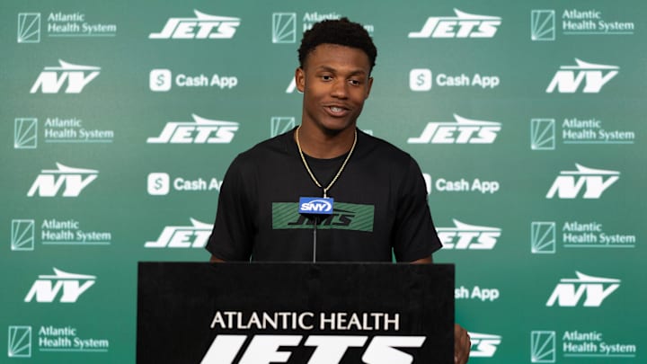 May 9, 2025; Florham Park, NJ, USA; New York Jets rookie wide receiver Arian Smith (82) takes questions from the media during the minicamp at Atlantic Health Jets Training Center. Mandatory Credit: Thomas Salus-Imagn Images
