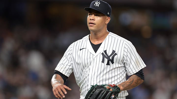 Aug 23, 2022; Bronx, New York, USA; New York Yankees starting pitcher Frankie Montas (47) walks off the field after being relieved during the sixth inning against the New York Mets at Yankee Stadium Aug 23, 2022; Bronx, New York, USA; New York Yankees starting pitcher Frankie Montas (47) walks off the field after being relieved during the sixth inning against the New York Mets at Yankee Stadium