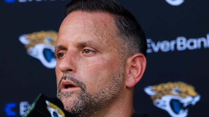 Jacksonville Jaguars defensive coordinator Anthony Campanile answers questions from the media after an NFL training camp session at the Miller Electric Center, Sunday, Aug. 3, 2025, in Jacksonville, Fla. [Corey Perrine/Florida Times-Union]