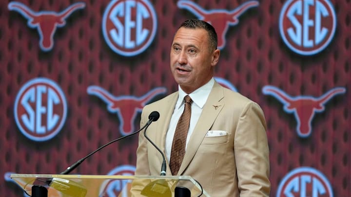 July 15, 2025; Atlanta, GA, USA; Texas head coach Steve Sarkisian speaks during SEC Media Days at the College Football Hall of Fame in Atlanta.