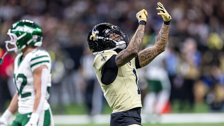 Dec 21, 2025; New Orleans, Louisiana, USA;  New Orleans Saints cornerback Alontae Taylor (1) reacts to sacking New York Jets quarterback Brady Cook (4) during the second half  at Caesars Superdome. Mandatory Credit: Stephen Lew-Imagn Images