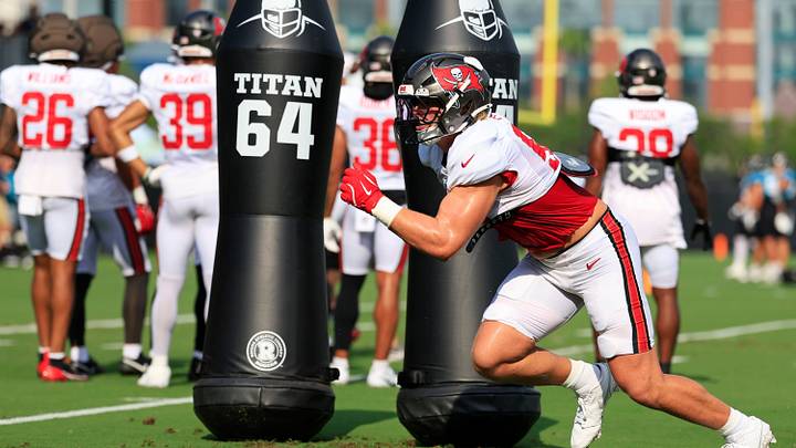Tampa Bay Buccaneers defensive lineman Jack Pyburn (58) runs a drill during a joint Buccaneers‑Jaguars NFL practice at the Miller Electric Center on Tuesday, Aug. 25, 2026, in Jacksonville, Fla.