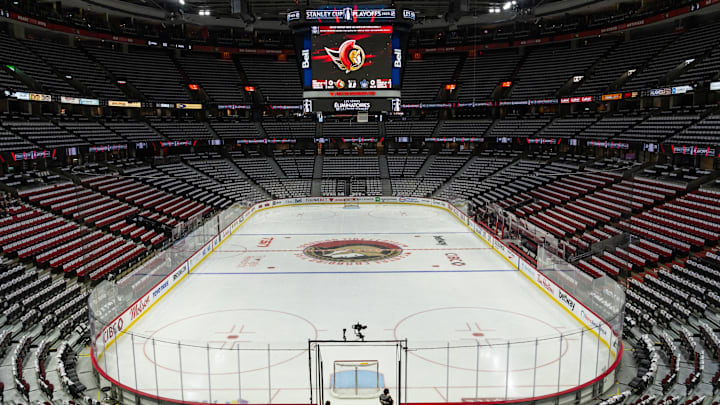 May 1, 2025; Ottawa, Ontario, CAN; The Canadian Tire centre prior to game six of the first round of the 2025 Stanley Cup Playoffs between the Toronto Maple Leafs and the Ottawa Senators. Mandatory Credit: Marc DesRosiers-Imagn Images