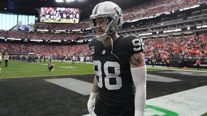 Dec 7, 2025; Paradise, Nevada, USA;  Las Vegas Raiders defensive end Maxx Crosby (98) on the field prior to a game against the Denver Broncos at Allegiant Stadium. Mandatory Credit: Kirby Lee-Imagn Images