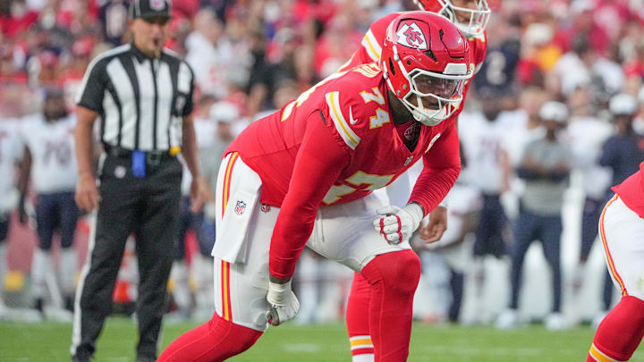 Aug 22, 2025; Kansas City, Missouri, USA; Kansas City Chiefs offensive tackle Jawaan Taylor (74) at the line of scrimmage against the Chicago Bears during the game at GEHA Field at Arrowhead Stadium. Mandatory Credit: Denny Medley-Imagn Images