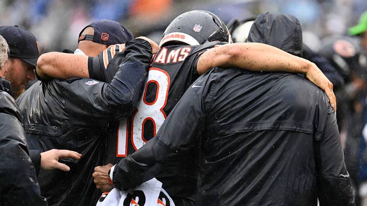 Caleb Williams was helped off the field Sunday with a hamstring injury. Caleb Williams was helped off the field Sunday with a hamstring injury.