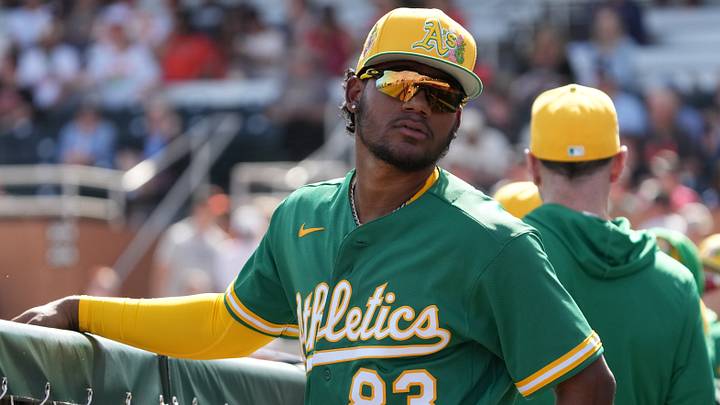 Feb 23, 2026; Scottsdale, Arizona, USA; Athletics shortstop Leo De Vries (83) prepares to play the San Francisco Giants at Scottsdale Stadium. Mandatory Credit: Rick Scuteri-Imagn Images