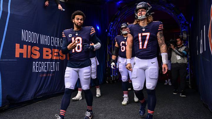 Nov 17, 2024; Chicago, Illinois, USA; Chicago Bears quarterback Caleb Williams (18) and quarterback Tyson Bagent (17) enter the field before the game against the Green Bay Packers at Soldier Field. Mandatory Credit: Daniel Bartel-Imagn Images