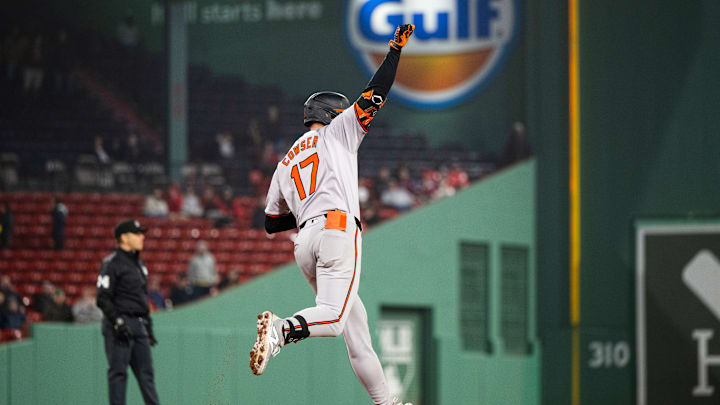 Colton Cowser celebrates his home run in Boston